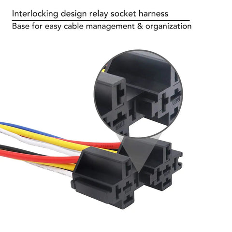 Close-up of interlocking relay sockets with prewired leads for Two Pack 12V Automotive Five Pin SPDT Relays With Interlocking Relay Sockets And Inline ATC Fuse Holders High Current Thirty And Forty Amp Bosch Style Prewired Leads For Easy Plug And Play Setup Twelve Inch