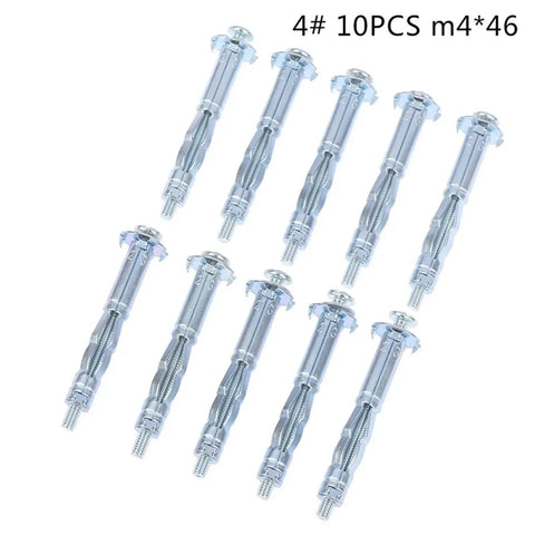 Rock Solid M4 Hollow Wall Anchor Kit 10 Pack for Plasterboard and Drywall with M4x46 screws, metal anchors displayed