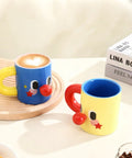 Clown Face Ceramic Mug 10 Oz Yellow Coffee Cup With Blue Interior And Red Handle Fun Morning Wakeup Gift For Coffee Lovers