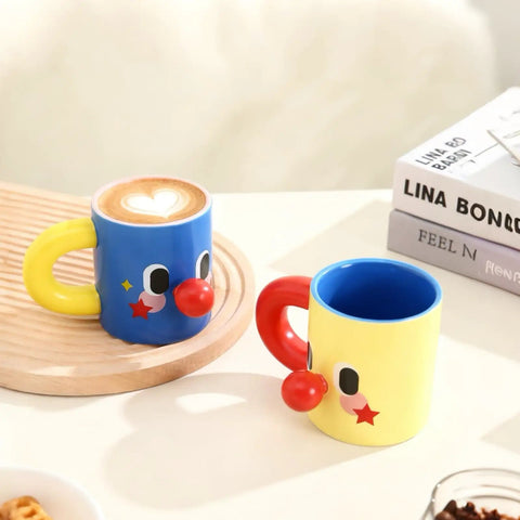 Clown Face Ceramic Mug 10 Oz Yellow Coffee Cup With Blue Interior And Red Handle Fun Morning Wakeup Gift For Coffee Lovers