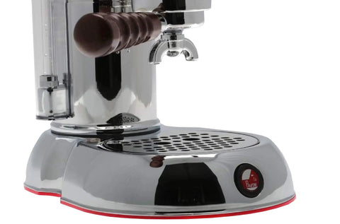 Straight Fire Manual Lever Espresso Machine With Heavy Duty Rosewood Handles, Classic Chrome Brass Finish, Bottomless Portafilter detail view of chrome base and pull handles.