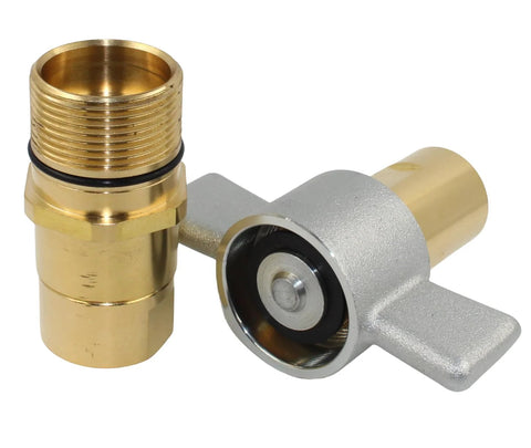 Front view of brass 3/4 in NPT hydraulic quick-disconnect male coupler with O-ring and silver wing-nut housing