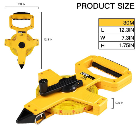 Open Reel Fiberglass Tape Measure 100 Feet By Half Inch With Double Sided Feet Inches And Metric Scale Rugged ABS Shell