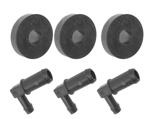 Three Pack Fuel Tank Stem And Bushing Kit For Craftsman AYP Poulan Poulan Pro Roper Weed Eater Models Replaces 539110432 And 3645J Replacement Parts Bundle showing three black stems and bushings.