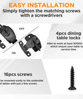 Heavy Duty Metal Spring Align And Lock Connectors For Dining Tables Four Piece Kit With All Required Screws showing installation process.