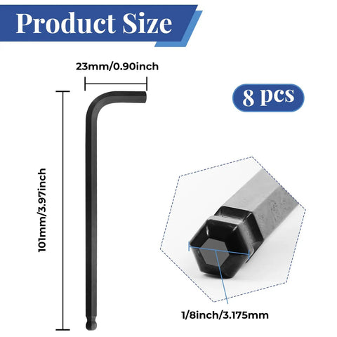 Eight Piece One Eighth Inch Ball End Hex Keys Set Long Allen Wrench Pro Grade Chrome Vanadium Steel with size dimensions