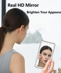 Woman using Sun Visor Vanity Mirror With 60 LEDs And 3 Light Modes, Rechargeable Dimmable Touch Screen Travel Makeup Mirror for Cars
