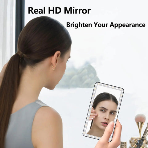 Woman using Sun Visor Vanity Mirror With 60 LEDs And 3 Light Modes, Rechargeable Dimmable Touch Screen Travel Makeup Mirror for Cars