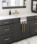 Bathroom with black cabinets featuring 10 Pack 5 Inch Brushed Brass Cabinet Pulls Gold Drawer Pulls Premium Quality Cabinet Hardware For Kitchens And Bathrooms Sleek Modern Hardware Upgrade With Easy Installation And Durable Finish