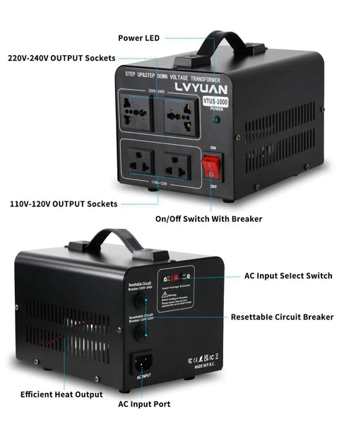 Go-To 1000W Step Up Down Voltage Transformer with 2 US outlets and 2 universal outlets, resettable circuit breaker, compact design