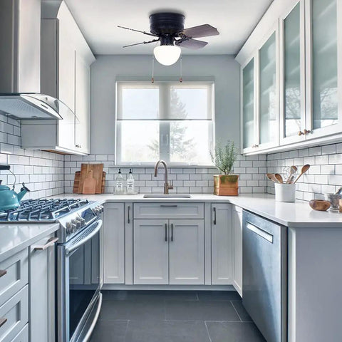 30 Inch Hugger Ceiling Fan With Pull Chain Low Profile Flush Mount Reversible Blades Matte Black in a modern kitchen.
