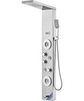 6-Mode Shower Panel System with Rainfall, Waterfall & 4 Body Massage Jets, stainless steel, sleek design, 18.1-inch overhead shower.
