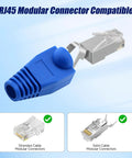 Soft PVC RJ45 Strain Relief Boots For Cat5 Cat5e Cat6 Cables Blue 100 Pack, shown with modular connector compatibility