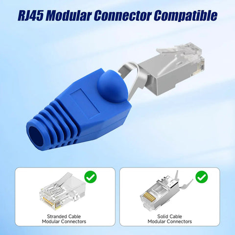 Soft PVC RJ45 Strain Relief Boots For Cat5 Cat5e Cat6 Cables Blue 100 Pack, shown with modular connector compatibility