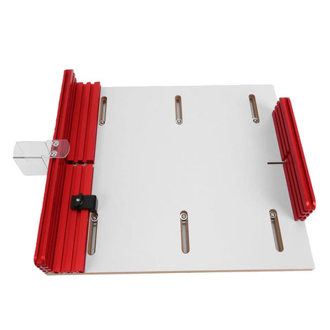 Heavy Duty Table Saw Crosscut Sled With Adjustable Aluminum Track Fence For Bullseye Alignment, red metal and white base.