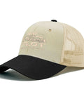 Funny RV Pilot Road Trip Hat Adjustable Camper Cap with black curved brim and beige mesh back for vacation travel.