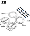 Silver 6 Hole Brake Gasket Set For 44mm Disc Rotors With 2mm And 5mm Aluminum Spacers, washers and bolts shown, size details