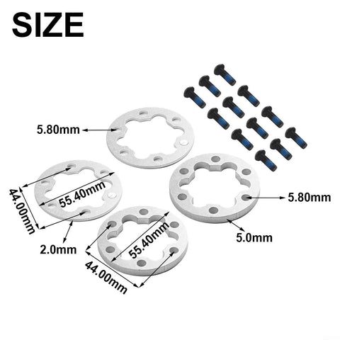 Silver 6 Hole Brake Gasket Set For 44mm Disc Rotors With 2mm And 5mm Aluminum Spacers, washers and bolts shown, size details