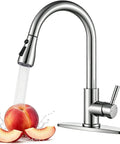 Heavy Duty Kitchen Faucet With Slick Pull Down Sprayer, Lead Free Stainless Steel Sink Tap, water rinsing a peach.