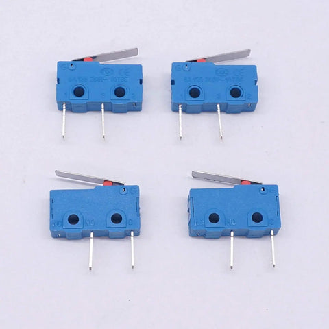 Four blue Workhorse 10 Pack 250V 5A Micro Switches 2 Pin 1NO Lever Tact Switches With 16mm Lever, shown in detail.