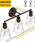 Three Light Vanity Light Dope Oil Rubbed Bronze With Clear Cylinder Glass Over Mirror Bathroom Fixture For Modern Farmhouse Style 3 Lamp Vanity Lighting For Any Bath Decor, showing dimensions and bulb requirement.