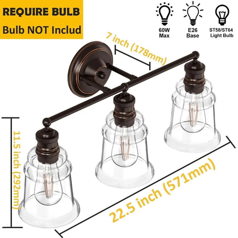 Three Light Vanity Light Dope Oil Rubbed Bronze With Clear Cylinder Glass Over Mirror Bathroom Fixture For Modern Farmhouse Style 3 Lamp Vanity Lighting For Any Bath Decor, showing dimensions and bulb requirement.