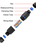 Diagram of 4 Pack IP68 Waterproof Junction Box For Outdoor Wiring, showing nut, waterproof ring, clamping claw, hollow tube, wiring head.