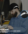 Mechanic wearing Lightweight Bump Cap With Breathable Baseball Cap Style For Head Protection On The Job For Men And Women Black Finish Featuring A Durable ABS Liner Seamless Comfort And All Day Airflow, with reflective accents.