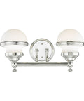 Transitional Two Light Bath Vanity Fixture from Oldwick Collection in polished chrome finish with opal glass, front view.