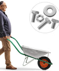 Man with wheelbarrow; inset of Stainless Steel Carriage Bolt Nut And Washer Kit 10 Sets 304 Grade High Strength Fasteners.