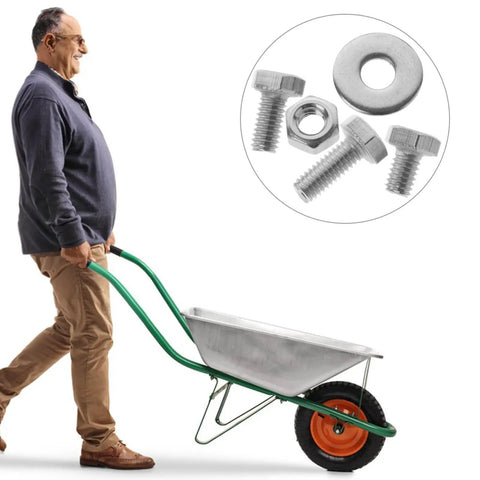 Man with wheelbarrow; inset of Stainless Steel Carriage Bolt Nut And Washer Kit 10 Sets 304 Grade High Strength Fasteners.