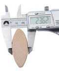 100 Pcs Wood Biscuit Tenon Joiner Tool shown with digital caliper measuring 23.62mm, ideal for thin materials under 15mm