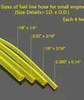 Four Size Fuel Line Hose Kit For Small Engines Four Feet Each Includes 0.080 By 0.140 Inch, 3/32 By 3/16 Inch, 1/8 By 3/16 Inch, And 1/8 By 1/4 Inch Fuel Hoses For Chainsaws Trimmers And Blowers Replacement in yellow on a dark background.