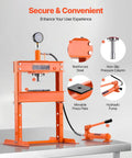 10 Ton H-Frame Hydraulic Shop Press With Plate And Base showcasing reinforced steel frame and movable press plate for auto repair.