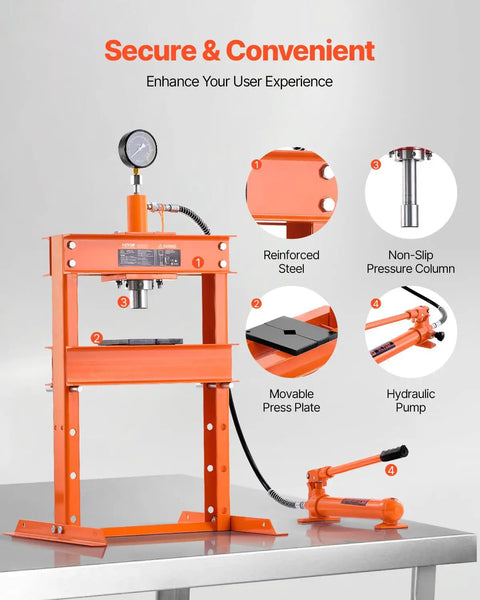 10 Ton H-Frame Hydraulic Shop Press With Plate And Base showcasing reinforced steel frame and movable press plate for auto repair.