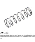 Stainless steel compression spring, 0.5x7 mm OD, 15 mm free length, side view
