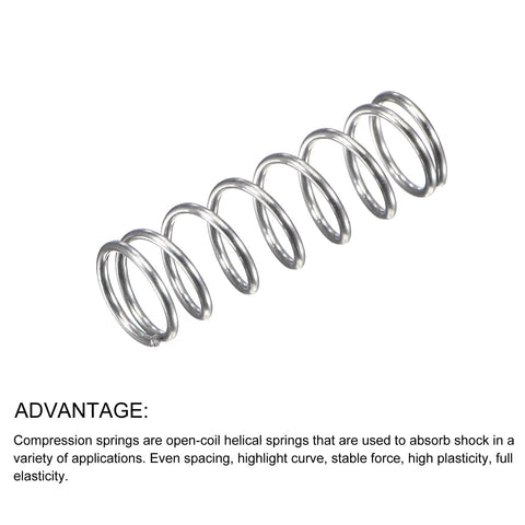 Stainless steel compression spring, 0.5x7 mm OD, 15 mm free length, side view