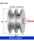 Precision Double Groove Aluminum Alloy Pulley With 10mm Round V Belt For High Power Motor Drive Wheel, 19mm x 60mm dimensions displayed.