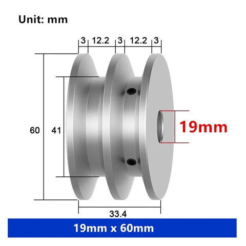 Precision Double Groove Aluminum Alloy Pulley With 10mm Round V Belt For High Power Motor Drive Wheel, 19mm x 60mm dimensions displayed.