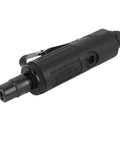 Real Deal Pneumatic Die Grinder Kit With Quarter Inch Chuck Aluminum Build And Comfortable Silicone Grip For Low Vibration Shop Work Smooth Operation On Auto Panels And Metal Fabrication Tasks, side view of die grinder.