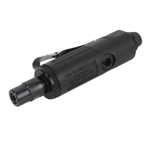 Real Deal Pneumatic Die Grinder Kit With Quarter Inch Chuck Aluminum Build And Comfortable Silicone Grip For Low Vibration Shop Work Smooth Operation On Auto Panels And Metal Fabrication Tasks, side view of die grinder.
