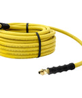 Coiled yellow Oil Resistant Rubber Air Hose 3/8in x 50ft With 3/8in To 1/4in Reducer, 300 PSI Max, with bend restrictor