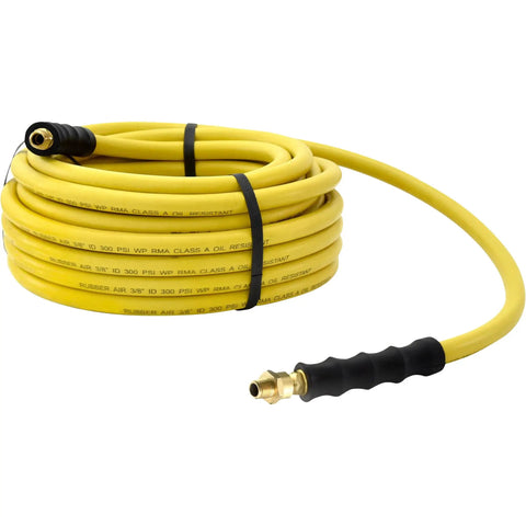 Coiled yellow Oil Resistant Rubber Air Hose 3/8in x 50ft With 3/8in To 1/4in Reducer, 300 PSI Max, with bend restrictor