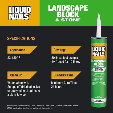 LN-905 Landscape Block Adhesive Low VOC 10 Oz Cartridge For Retaining Walls And Stonework Weather-Resistant Bond Specifications