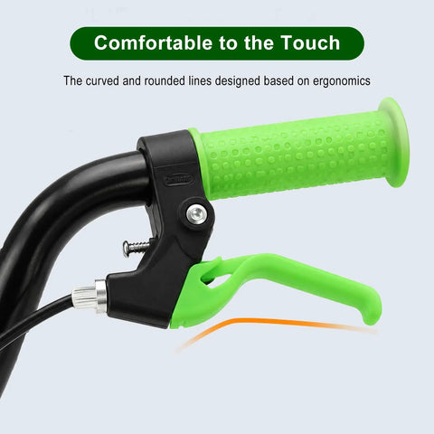 Universal Kids Bicycle Brake Levers Set with green grip, easy grip for small hands, attached to black handlebar, ideal for boys and girls bikes.