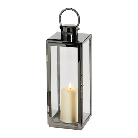 Dark Gray Stainless Steel Battery Operated LED Flameless Candle Lantern With 6 Hour Timer 19.5 Inch Tall 8.5 Inch Wide Realistic Flicker