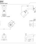 Technical diagram of Twin Handle Tub And Shower Faucet With Decor Cross Handles Polished Chrome Finish 5 Inch Spout Reach Wall Mount