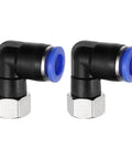 Two Pack 90 Degree Push To Connect Fittings For Pneumatic Systems One Eighth Inch NPT Female Tube OD 0.39 Inch Nickel Plated Brass Quick Connect Elbow Adapters For Air Lines Blue, black plastic and nickel fittings with blue connectors front view