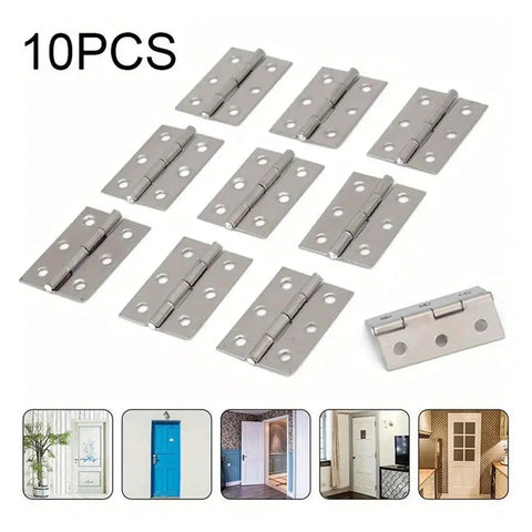 Ten Piece Stainless Steel Flat Cabinet Hinges Set, Rust Resistant, displayed on white background with various door examples.