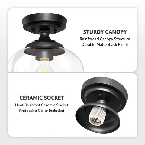 Industrial Semi Flush Mount Ceiling Light With Clear Glass Shade And Matte Black Finish showing sturdy canopy and ceramic socket details.